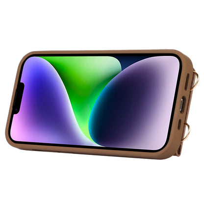 Anti-drop Cover for iPhone 14 Plus Card Holder Hand Strap Leather+TPU Phone Kickstand Case with Shoulder Strap