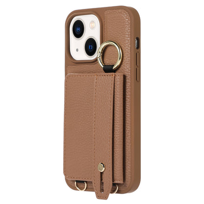 Anti-drop Cover for iPhone 14 Plus Card Holder Hand Strap Leather+TPU Phone Kickstand Case with Shoulder Strap