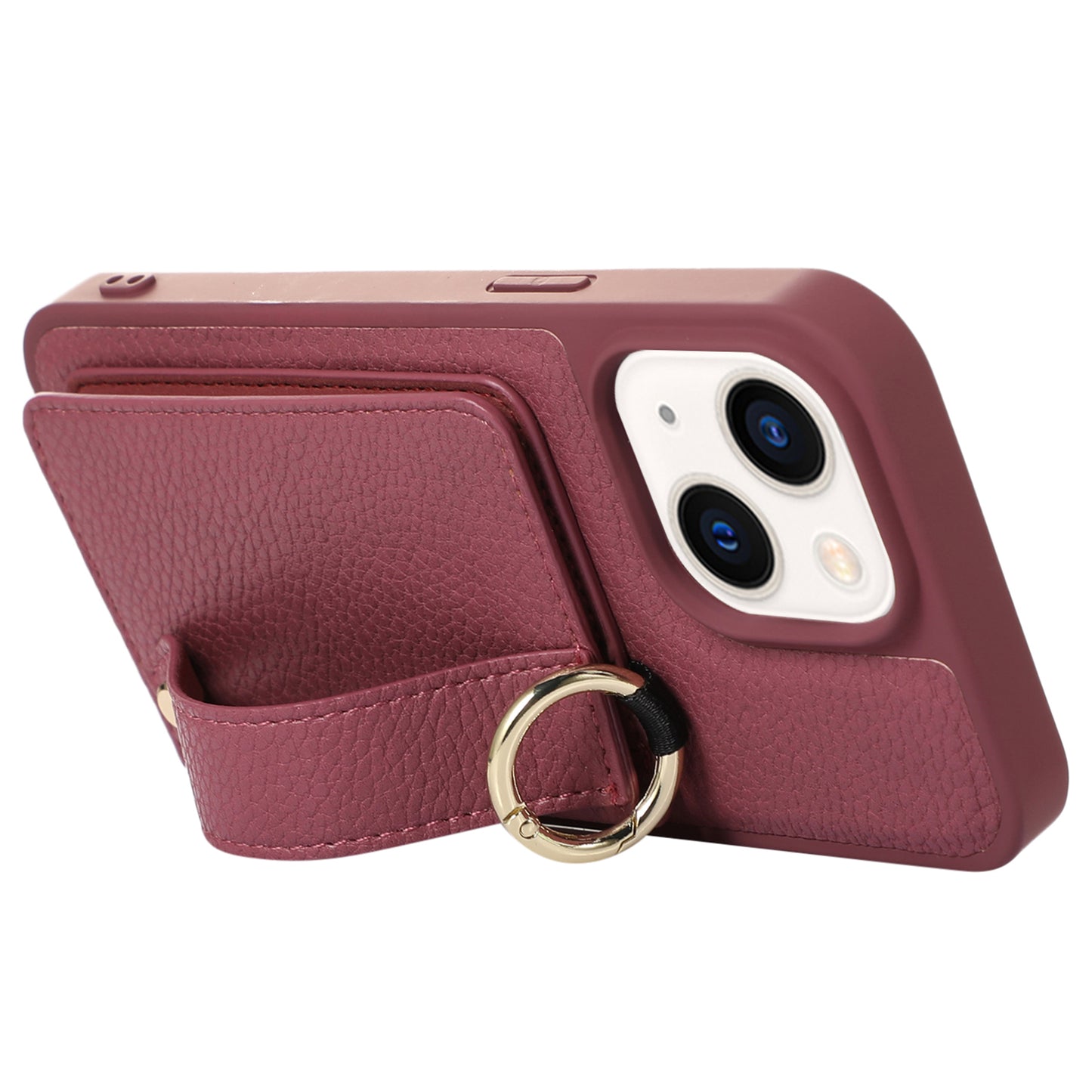 Anti-drop Cover for iPhone 14 Plus Card Holder Hand Strap Leather+TPU Phone Kickstand Case with Shoulder Strap