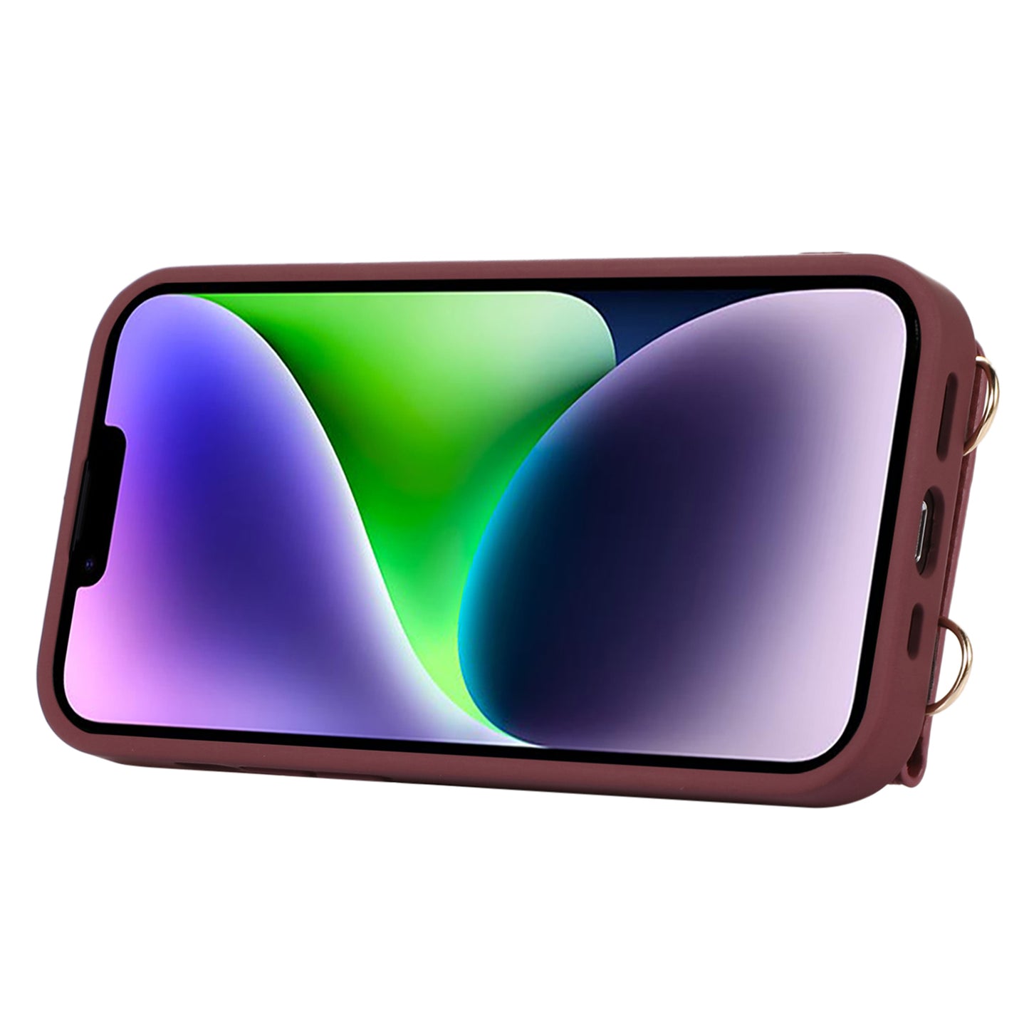 Anti-drop Cover for iPhone 14 Plus Card Holder Hand Strap Leather+TPU Phone Kickstand Case with Shoulder Strap