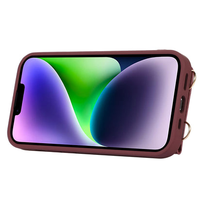 Anti-drop Cover for iPhone 14 Plus Card Holder Hand Strap Leather+TPU Phone Kickstand Case with Shoulder Strap