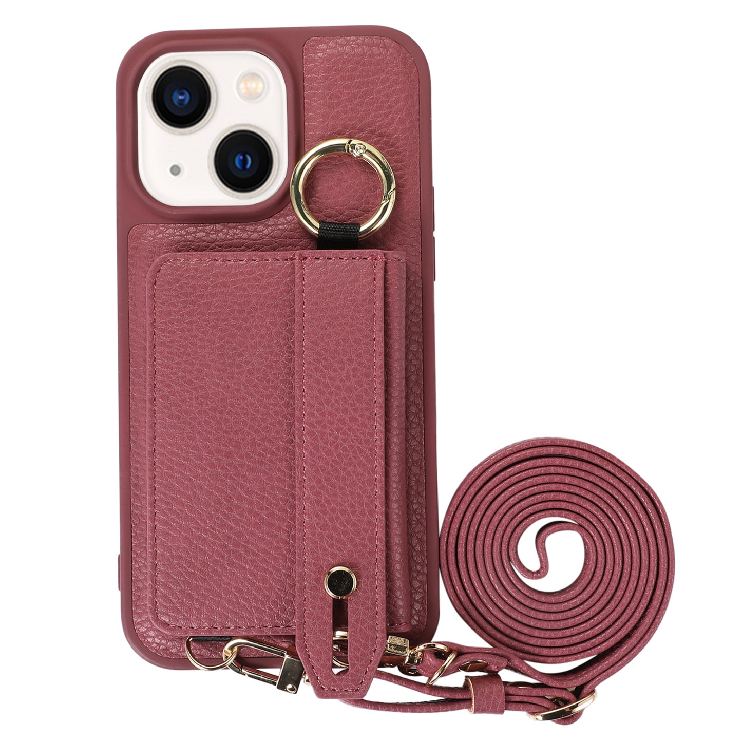 Anti-drop Cover for iPhone 14 Plus Card Holder Hand Strap Leather+TPU Phone Kickstand Case with Shoulder Strap