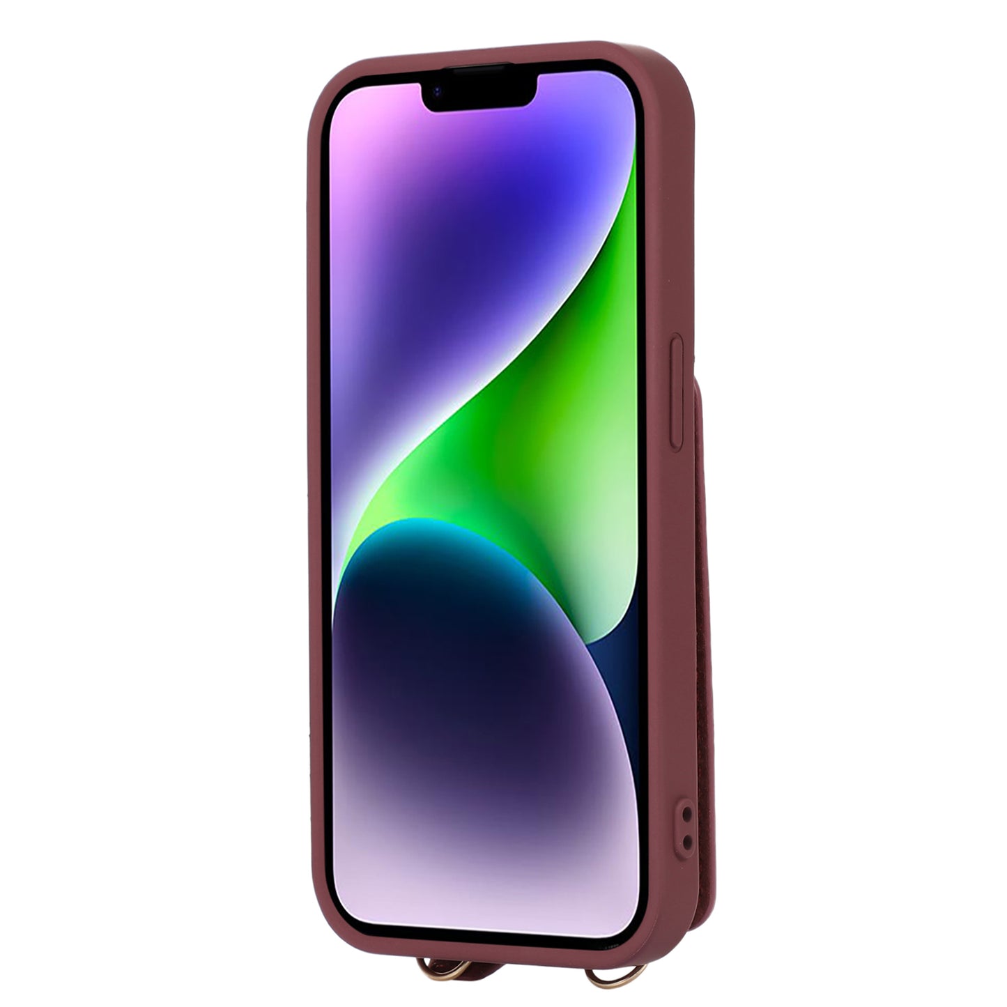 Anti-drop Cover for iPhone 14 Plus Card Holder Hand Strap Leather+TPU Phone Kickstand Case with Shoulder Strap