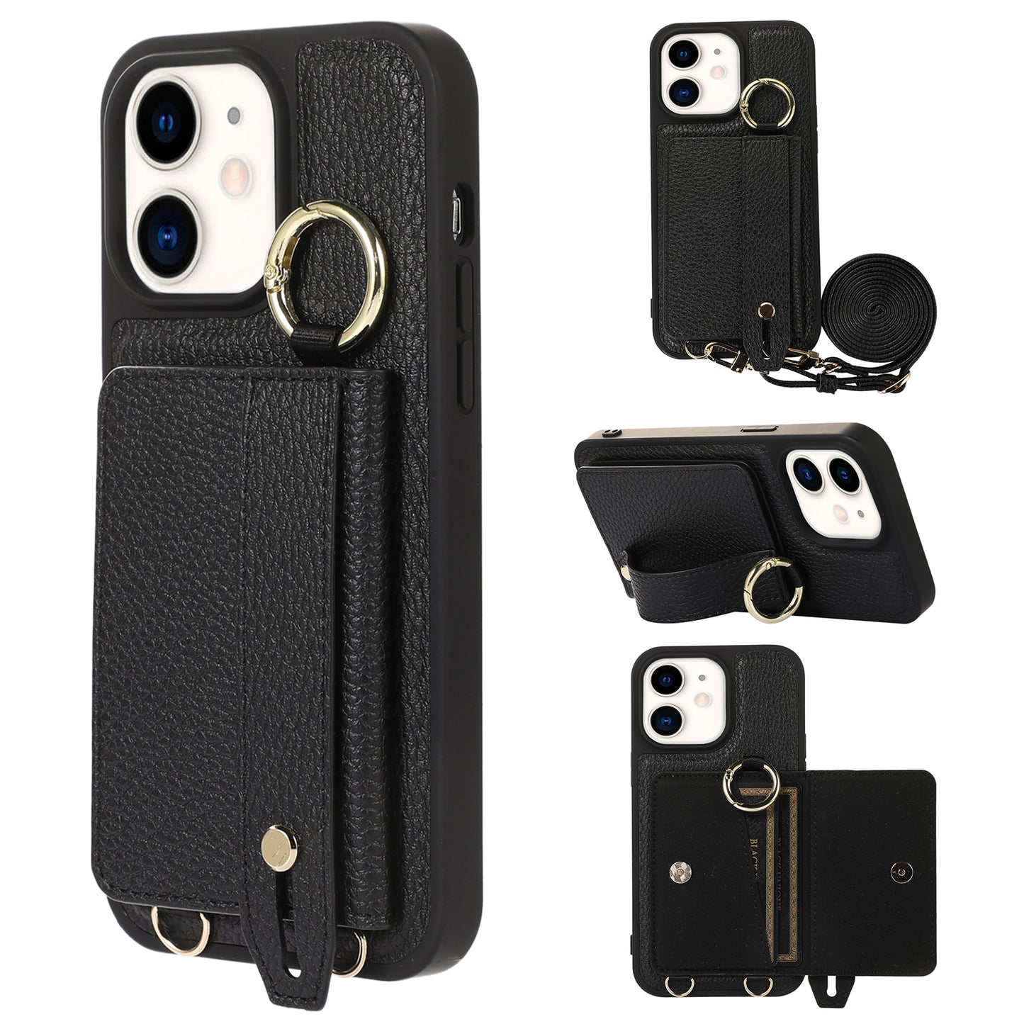 Fall-proof Cover for iPhone 11 6.1 inch Card Holder Hand Strap Leather+TPU Phone Kickstand Case with Shoulder Strap