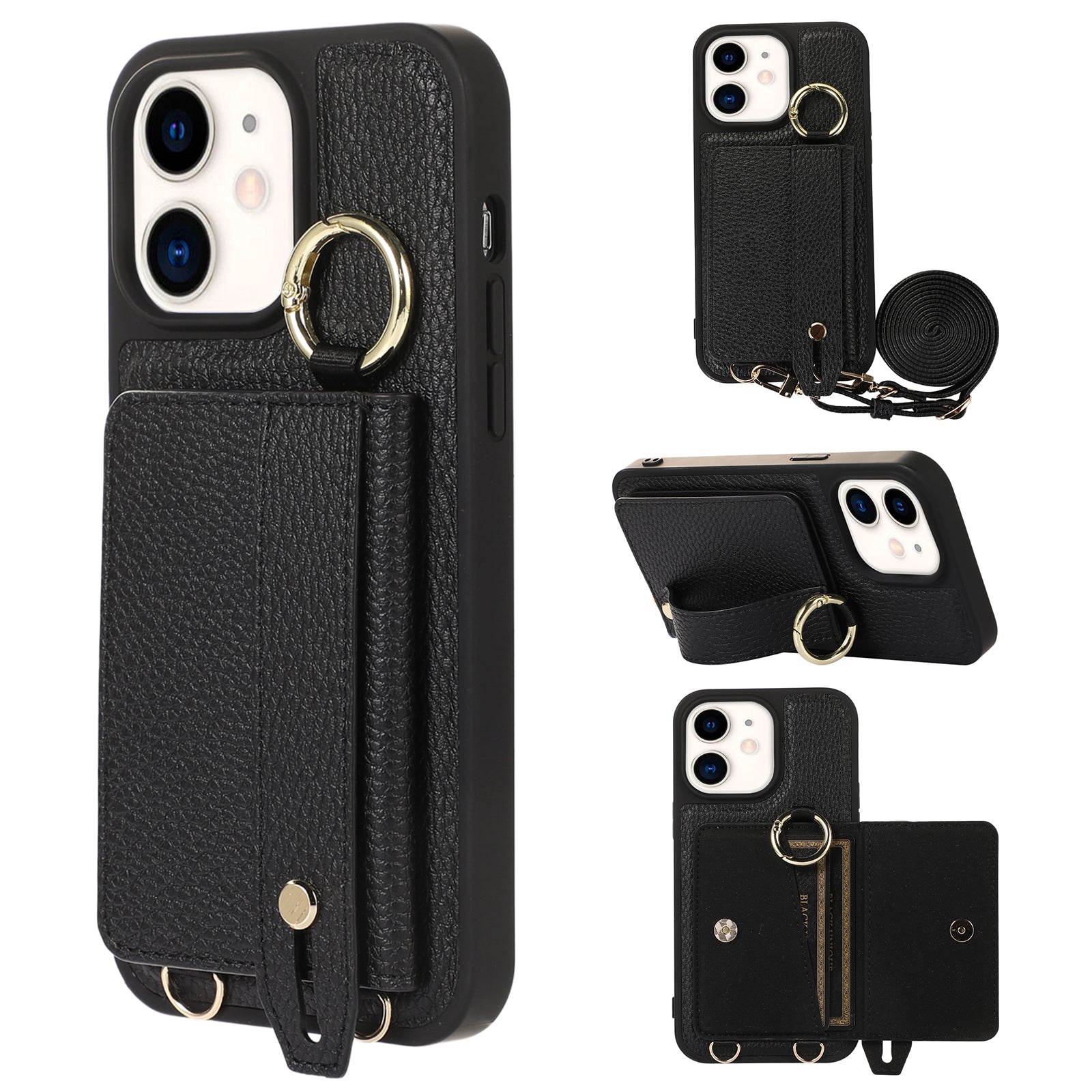 Fall-proof Cover for iPhone 11 6.1 inch Card Holder Hand Strap Leather+TPU Phone Kickstand Case with Shoulder Strap