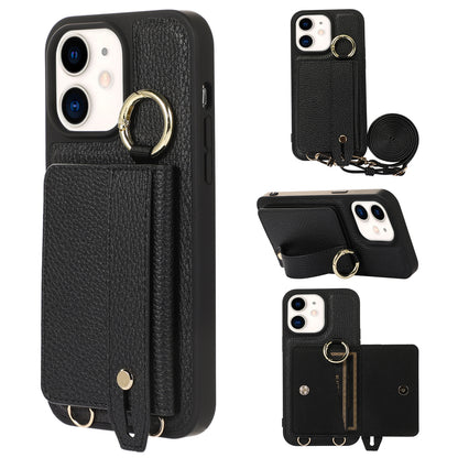 Fall-proof Cover for iPhone 11 6.1 inch Card Holder Hand Strap Leather+TPU Phone Kickstand Case with Shoulder Strap
