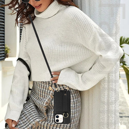 Fall-proof Cover for iPhone 11 6.1 inch Card Holder Hand Strap Leather+TPU Phone Kickstand Case with Shoulder Strap