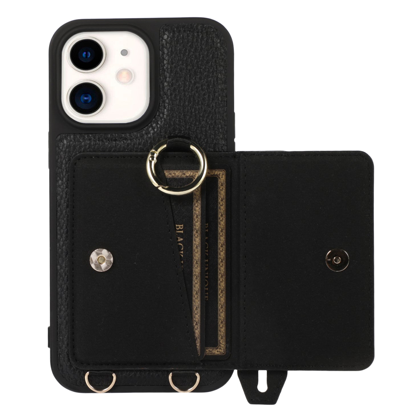 Fall-proof Cover for iPhone 11 6.1 inch Card Holder Hand Strap Leather+TPU Phone Kickstand Case with Shoulder Strap