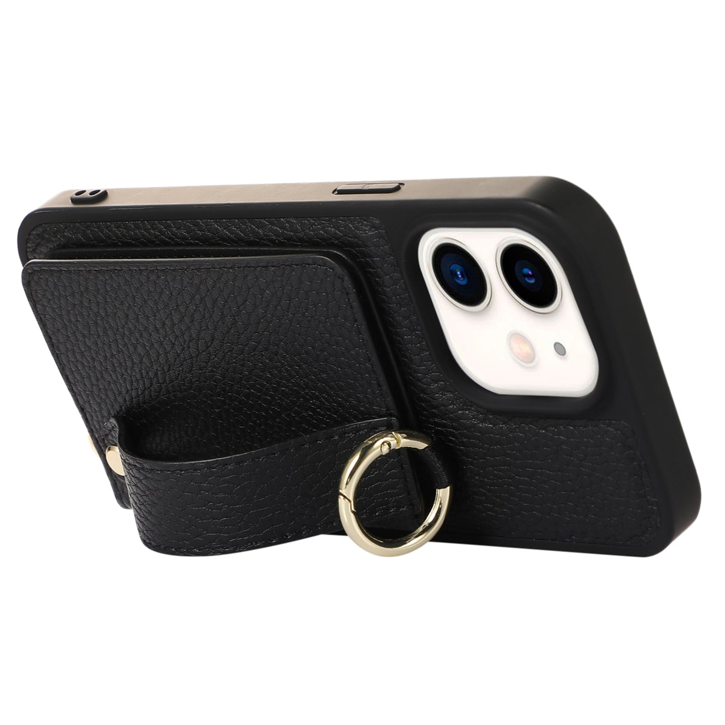 Fall-proof Cover for iPhone 11 6.1 inch Card Holder Hand Strap Leather+TPU Phone Kickstand Case with Shoulder Strap