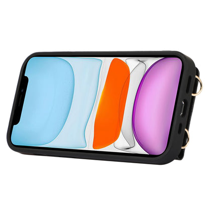 Fall-proof Cover for iPhone 11 6.1 inch Card Holder Hand Strap Leather+TPU Phone Kickstand Case with Shoulder Strap