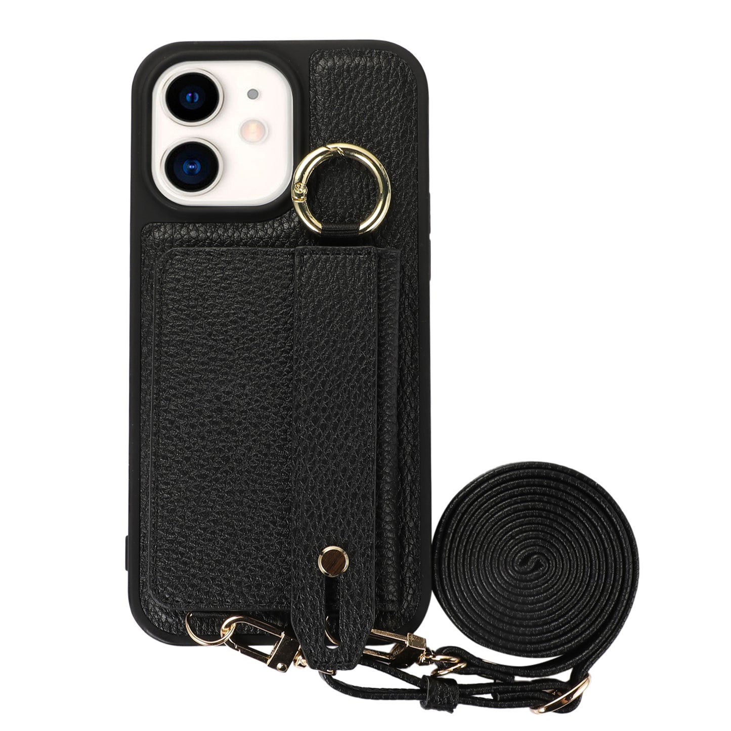 Fall-proof Cover for iPhone 11 6.1 inch Card Holder Hand Strap Leather+TPU Phone Kickstand Case with Shoulder Strap