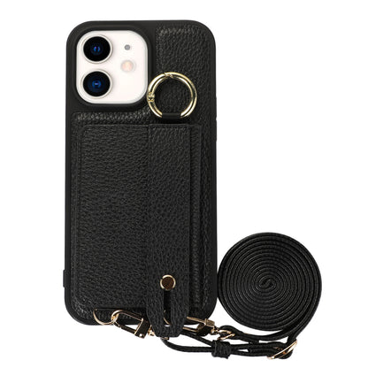Fall-proof Cover for iPhone 11 6.1 inch Card Holder Hand Strap Leather+TPU Phone Kickstand Case with Shoulder Strap