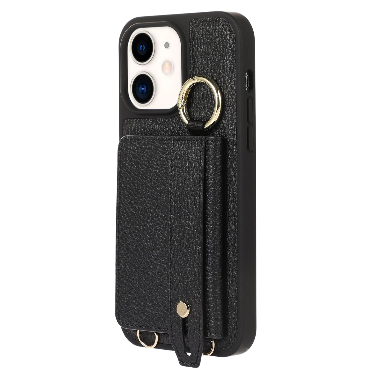 Fall-proof Cover for iPhone 11 6.1 inch Card Holder Hand Strap Leather+TPU Phone Kickstand Case with Shoulder Strap