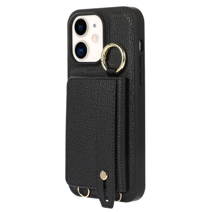 Fall-proof Cover for iPhone 11 6.1 inch Card Holder Hand Strap Leather+TPU Phone Kickstand Case with Shoulder Strap