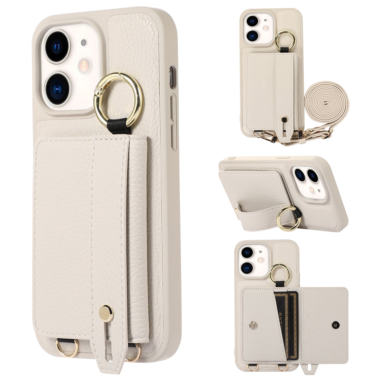Fall-proof Cover for iPhone 11 6.1 inch Card Holder Hand Strap Leather+TPU Phone Kickstand Case with Shoulder Strap