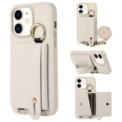 Fall-proof Cover for iPhone 11 6.1 inch Card Holder Hand Strap Leather+TPU Phone Kickstand Case with Shoulder Strap