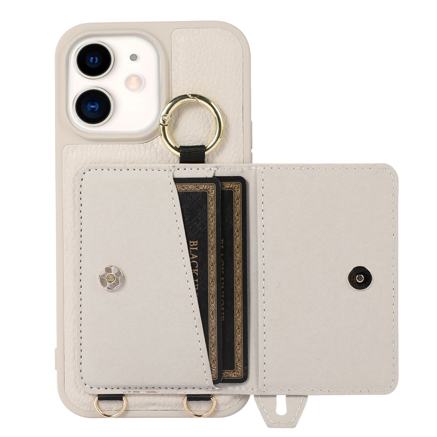 Fall-proof Cover for iPhone 11 6.1 inch Card Holder Hand Strap Leather+TPU Phone Kickstand Case with Shoulder Strap