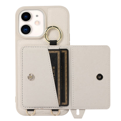 Fall-proof Cover for iPhone 11 6.1 inch Card Holder Hand Strap Leather+TPU Phone Kickstand Case with Shoulder Strap