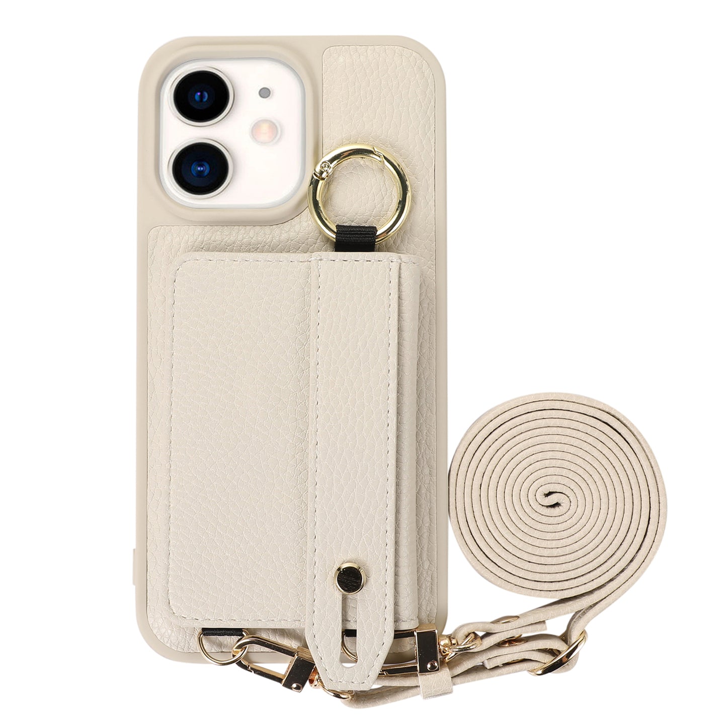 Fall-proof Cover for iPhone 11 6.1 inch Card Holder Hand Strap Leather+TPU Phone Kickstand Case with Shoulder Strap