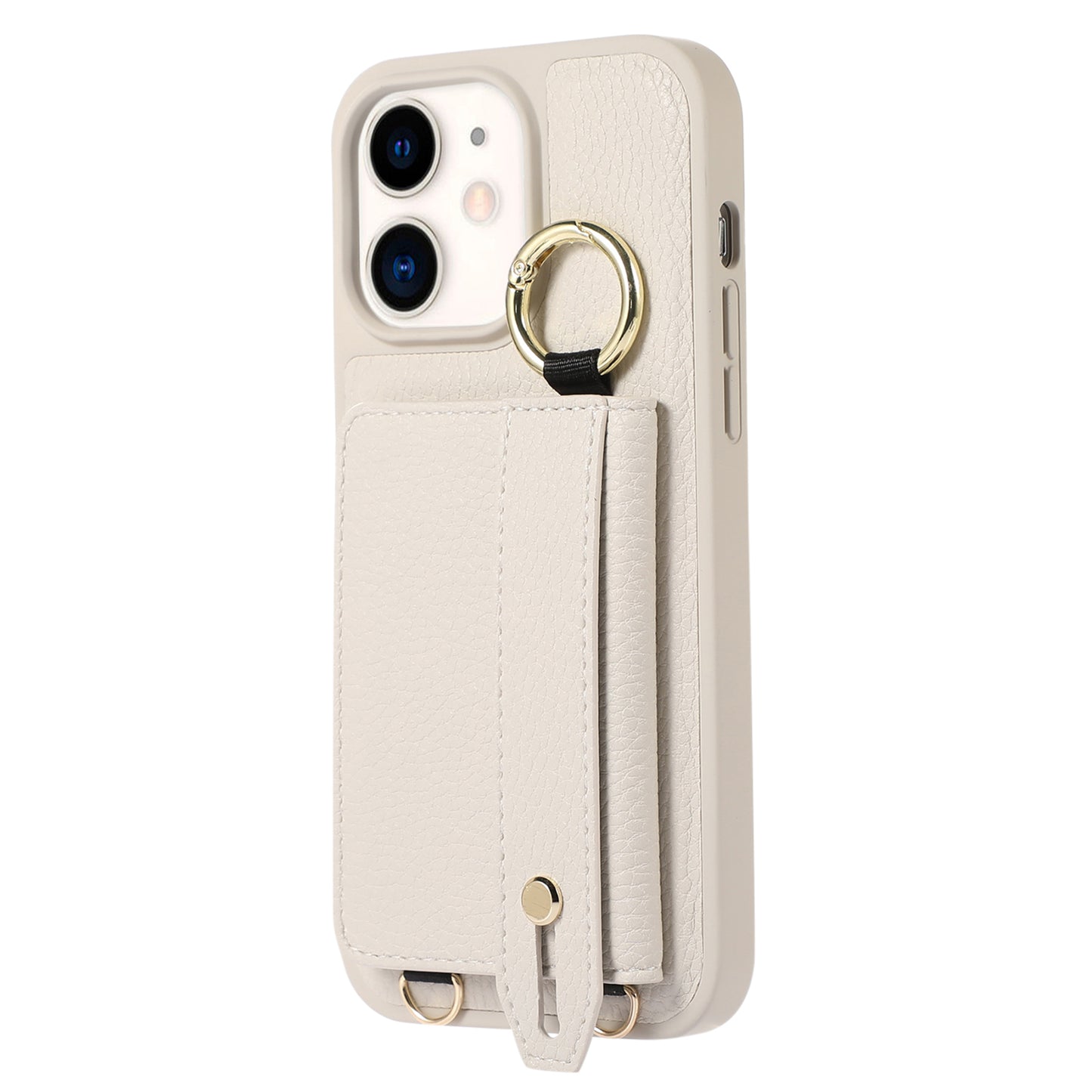 Fall-proof Cover for iPhone 11 6.1 inch Card Holder Hand Strap Leather+TPU Phone Kickstand Case with Shoulder Strap