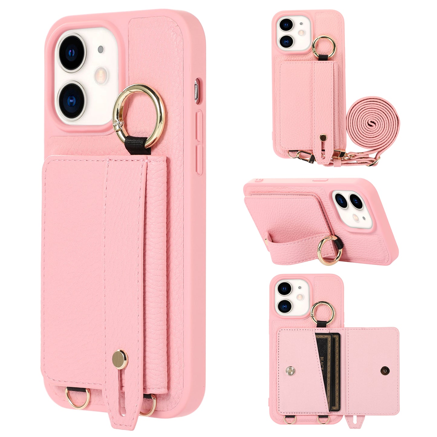 Fall-proof Cover for iPhone 11 6.1 inch Card Holder Hand Strap Leather+TPU Phone Kickstand Case with Shoulder Strap