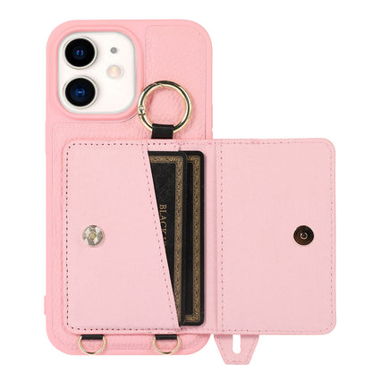 Fall-proof Cover for iPhone 11 6.1 inch Card Holder Hand Strap Leather+TPU Phone Kickstand Case with Shoulder Strap