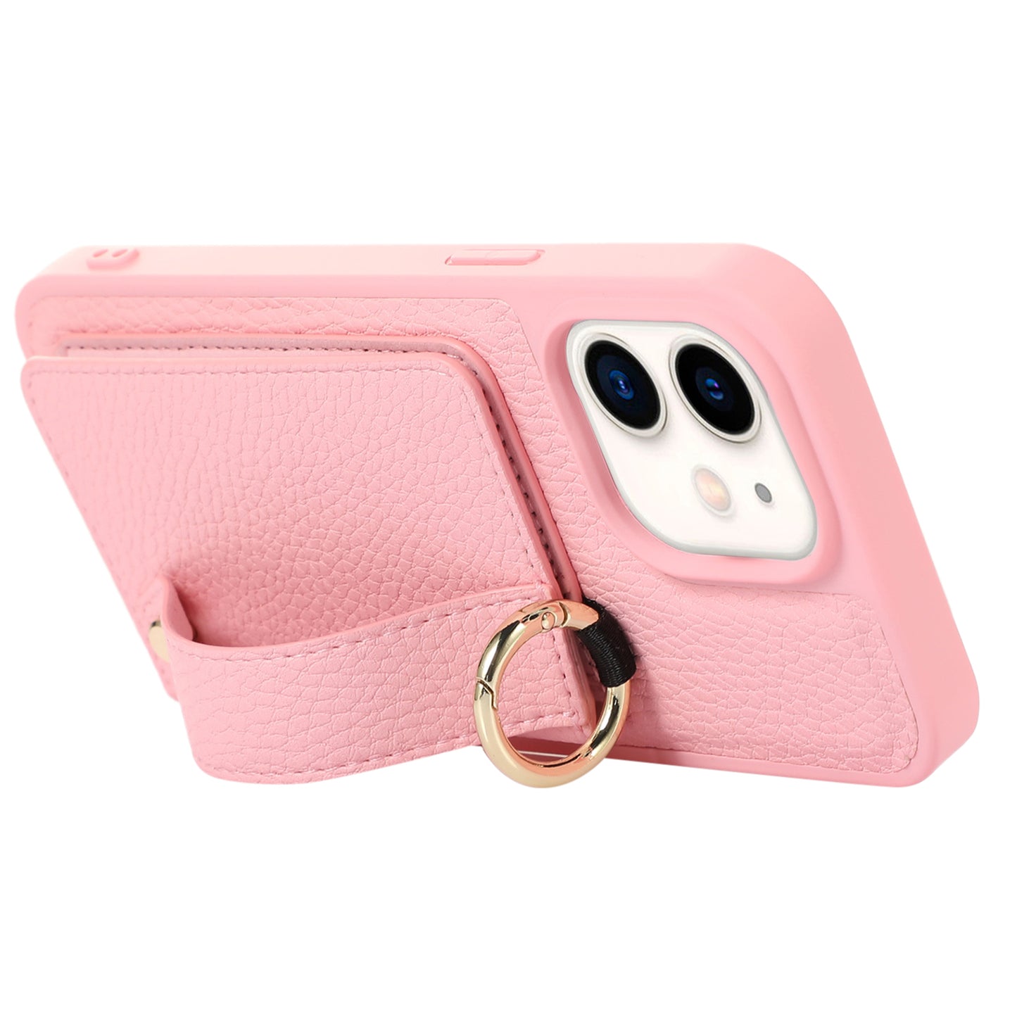 Fall-proof Cover for iPhone 11 6.1 inch Card Holder Hand Strap Leather+TPU Phone Kickstand Case with Shoulder Strap