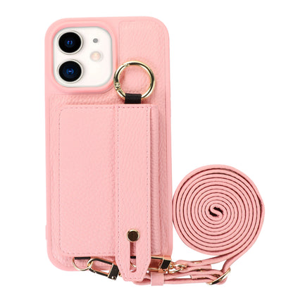 Fall-proof Cover for iPhone 11 6.1 inch Card Holder Hand Strap Leather+TPU Phone Kickstand Case with Shoulder Strap