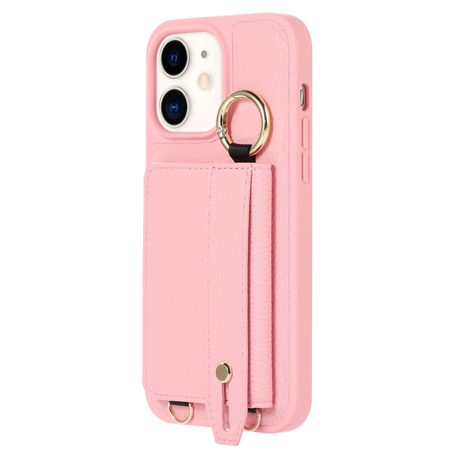Fall-proof Cover for iPhone 11 6.1 inch Card Holder Hand Strap Leather+TPU Phone Kickstand Case with Shoulder Strap