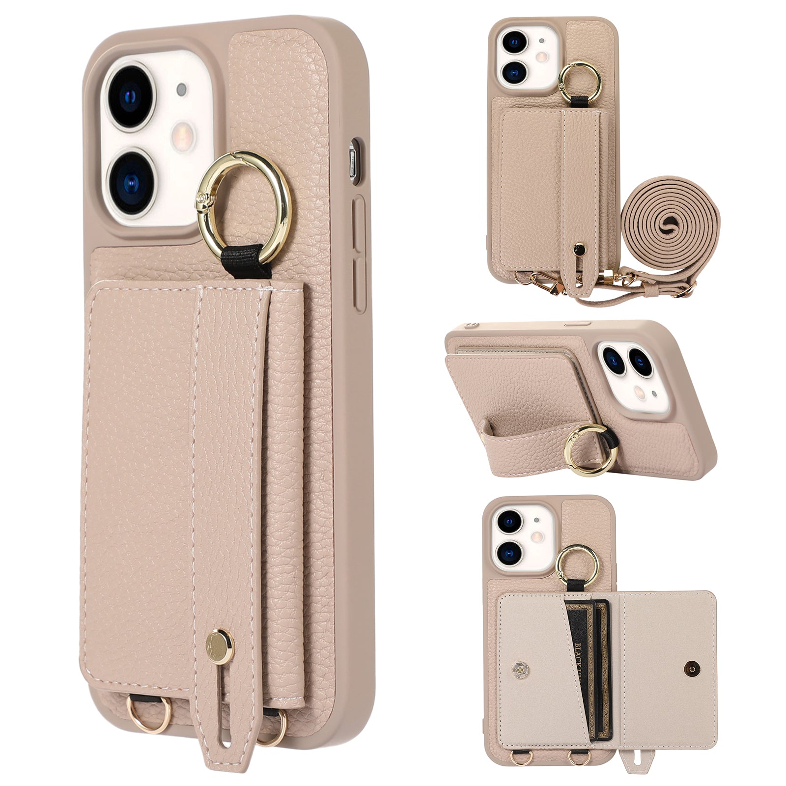 Fall-proof Cover for iPhone 11 6.1 inch Card Holder Hand Strap Leather+TPU Phone Kickstand Case with Shoulder Strap