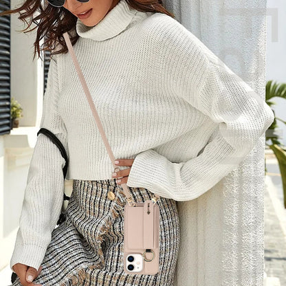 Fall-proof Cover for iPhone 11 6.1 inch Card Holder Hand Strap Leather+TPU Phone Kickstand Case with Shoulder Strap