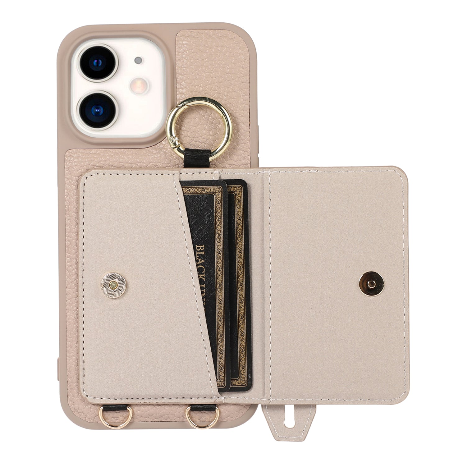 Fall-proof Cover for iPhone 11 6.1 inch Card Holder Hand Strap Leather+TPU Phone Kickstand Case with Shoulder Strap