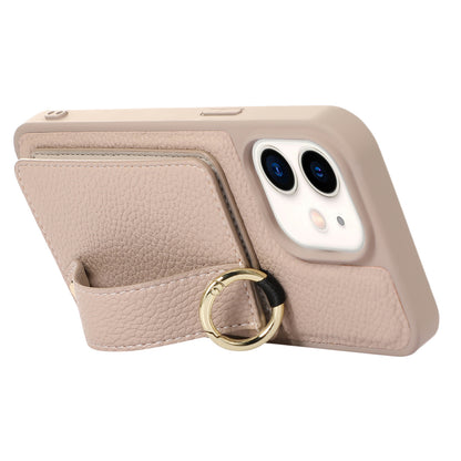 Fall-proof Cover for iPhone 11 6.1 inch Card Holder Hand Strap Leather+TPU Phone Kickstand Case with Shoulder Strap