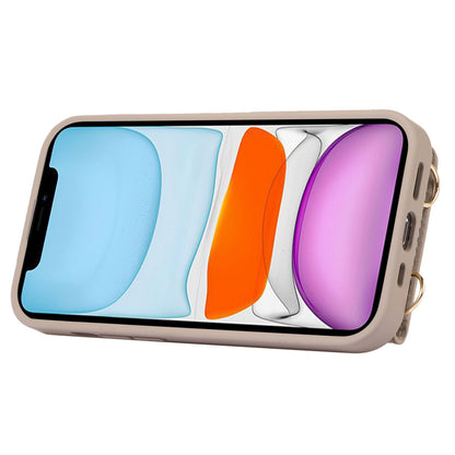 Fall-proof Cover for iPhone 11 6.1 inch Card Holder Hand Strap Leather+TPU Phone Kickstand Case with Shoulder Strap