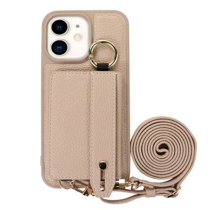 Fall-proof Cover for iPhone 11 6.1 inch Card Holder Hand Strap Leather+TPU Phone Kickstand Case with Shoulder Strap