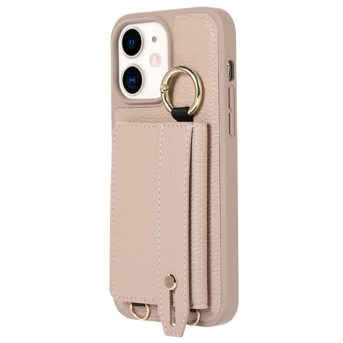 Fall-proof Cover for iPhone 11 6.1 inch Card Holder Hand Strap Leather+TPU Phone Kickstand Case with Shoulder Strap