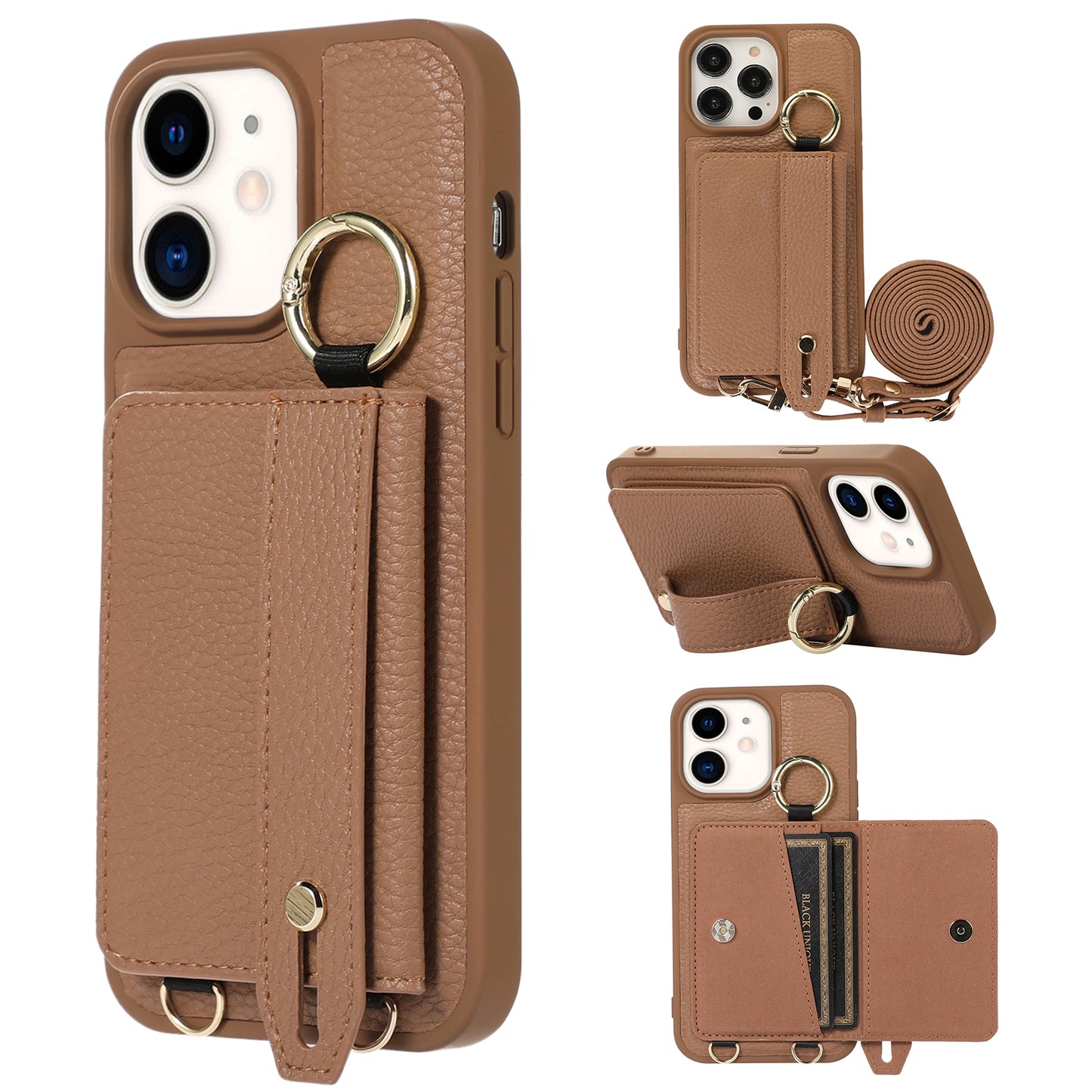 Fall-proof Cover for iPhone 11 6.1 inch Card Holder Hand Strap Leather+TPU Phone Kickstand Case with Shoulder Strap