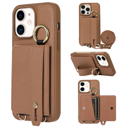 Fall-proof Cover for iPhone 11 6.1 inch Card Holder Hand Strap Leather+TPU Phone Kickstand Case with Shoulder Strap