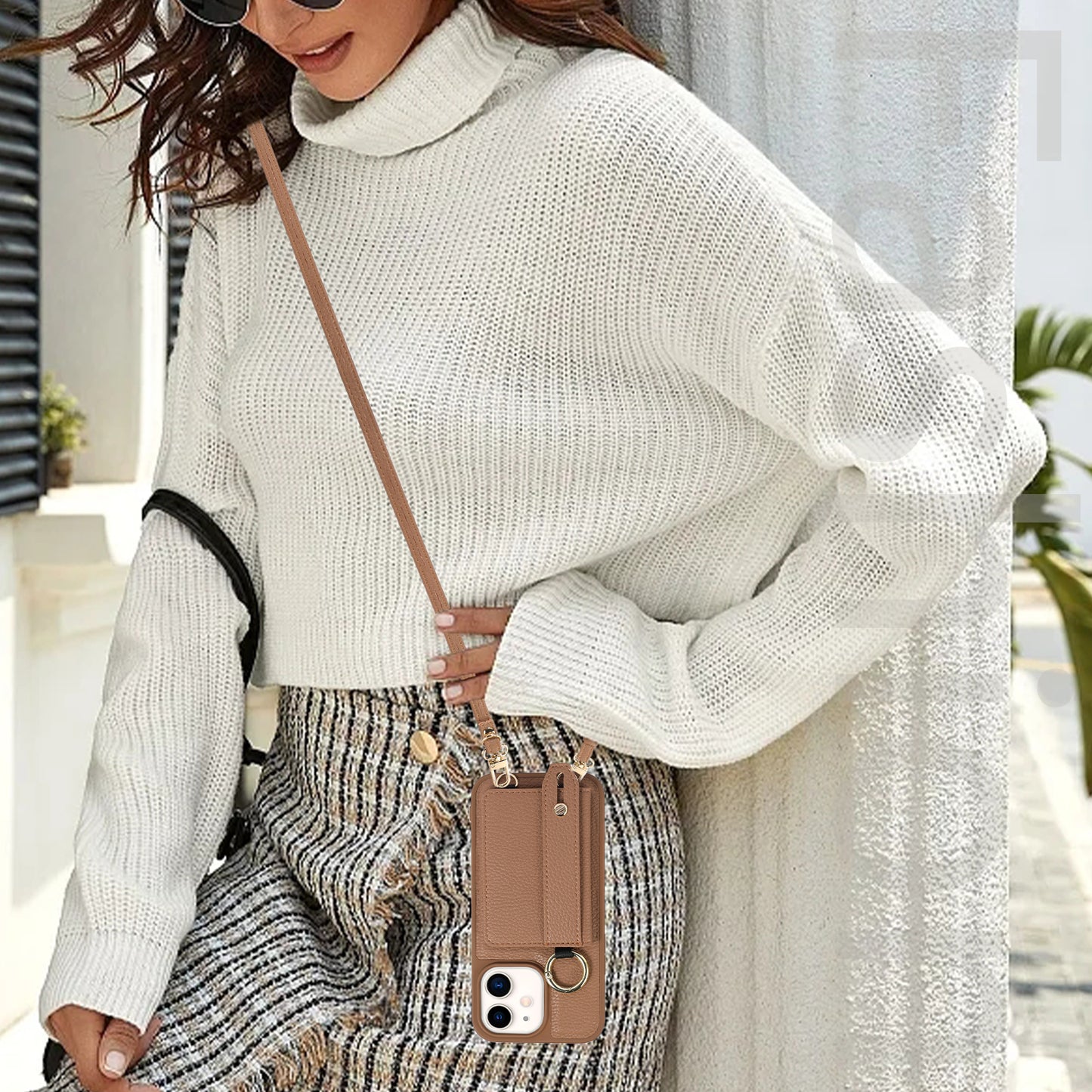 Fall-proof Cover for iPhone 11 6.1 inch Card Holder Hand Strap Leather+TPU Phone Kickstand Case with Shoulder Strap