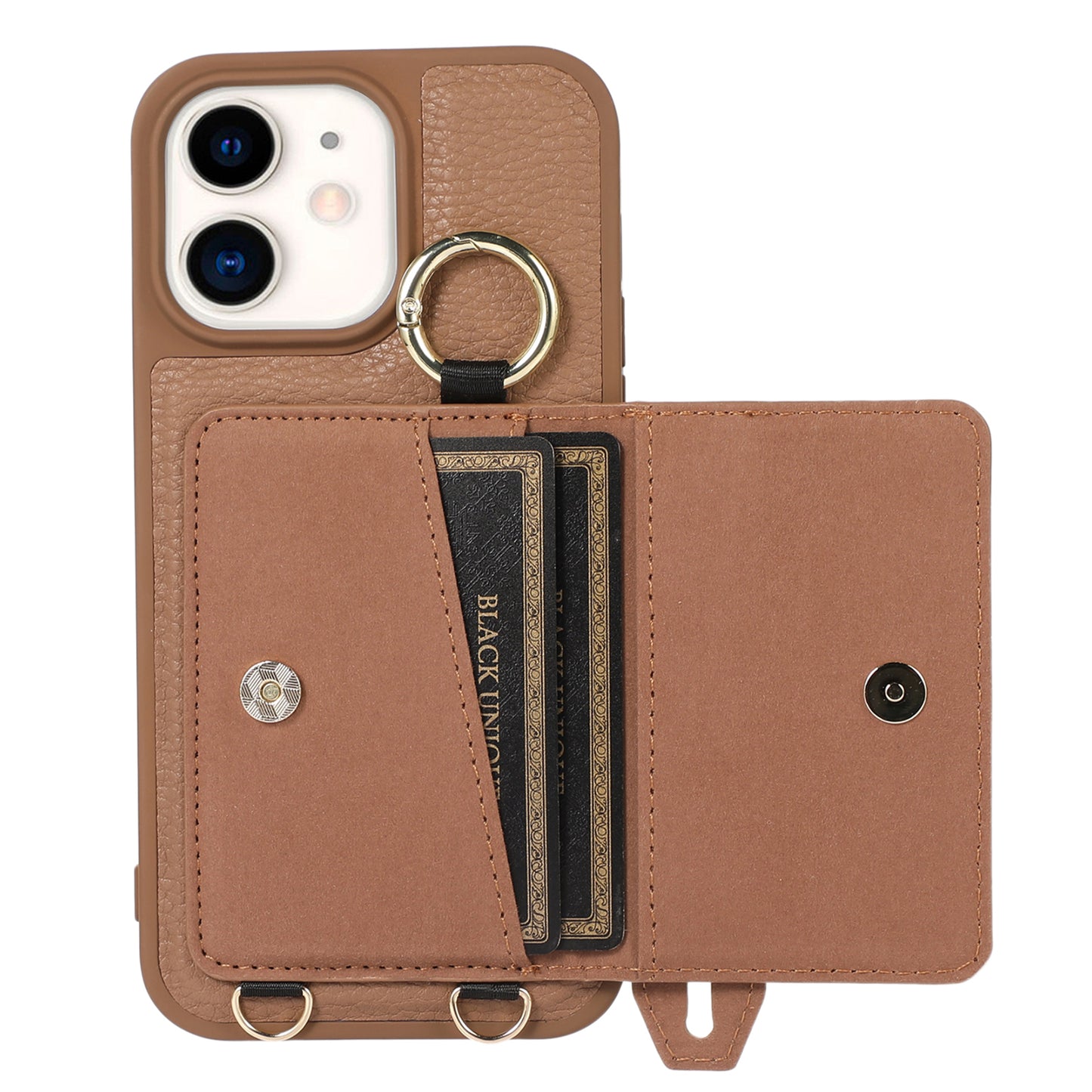 Fall-proof Cover for iPhone 11 6.1 inch Card Holder Hand Strap Leather+TPU Phone Kickstand Case with Shoulder Strap