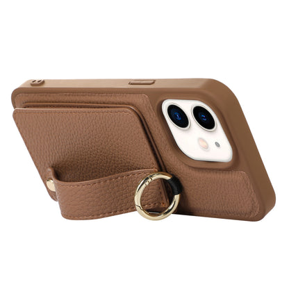 Fall-proof Cover for iPhone 11 6.1 inch Card Holder Hand Strap Leather+TPU Phone Kickstand Case with Shoulder Strap