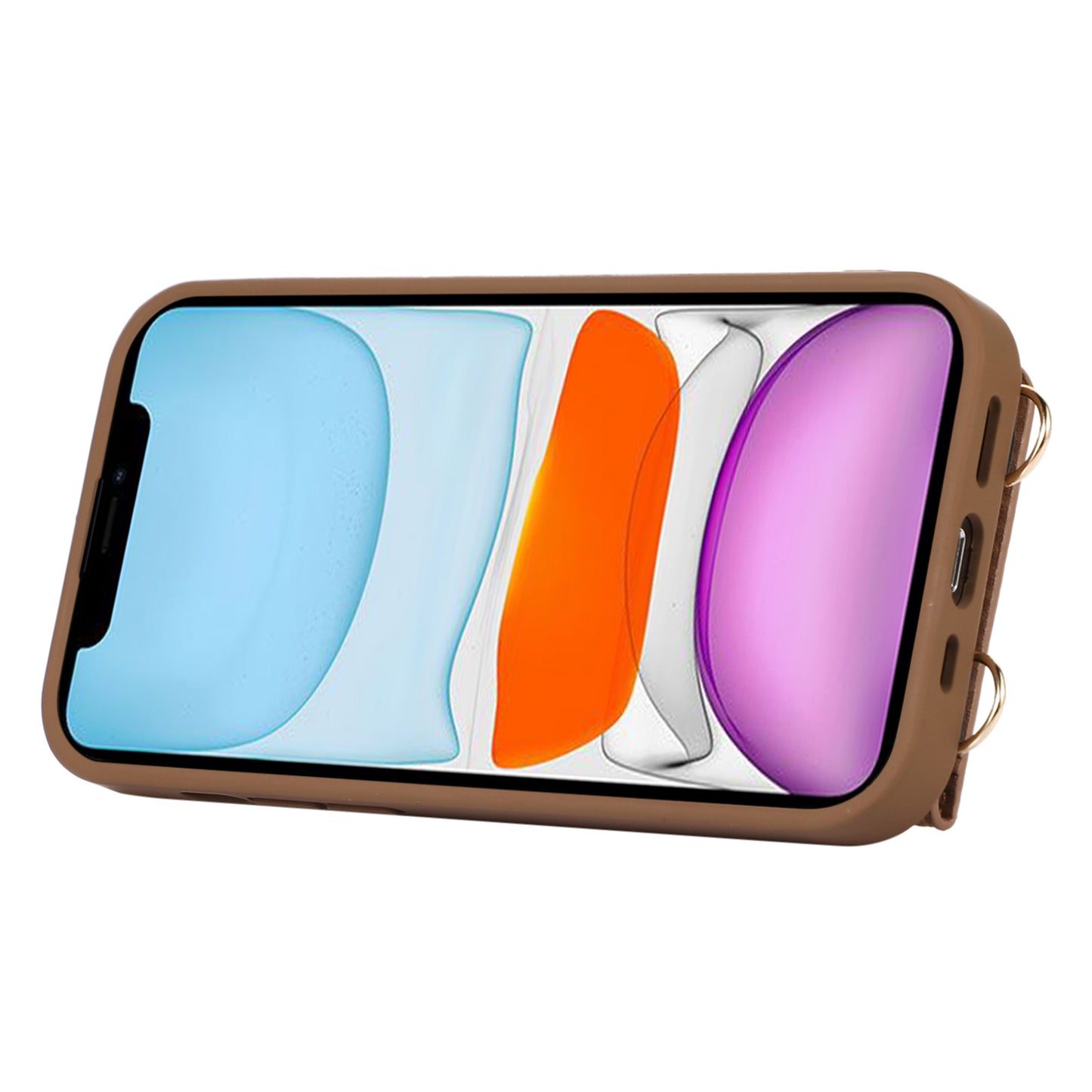 Fall-proof Cover for iPhone 11 6.1 inch Card Holder Hand Strap Leather+TPU Phone Kickstand Case with Shoulder Strap