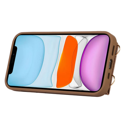 Fall-proof Cover for iPhone 11 6.1 inch Card Holder Hand Strap Leather+TPU Phone Kickstand Case with Shoulder Strap