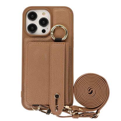 Fall-proof Cover for iPhone 11 6.1 inch Card Holder Hand Strap Leather+TPU Phone Kickstand Case with Shoulder Strap
