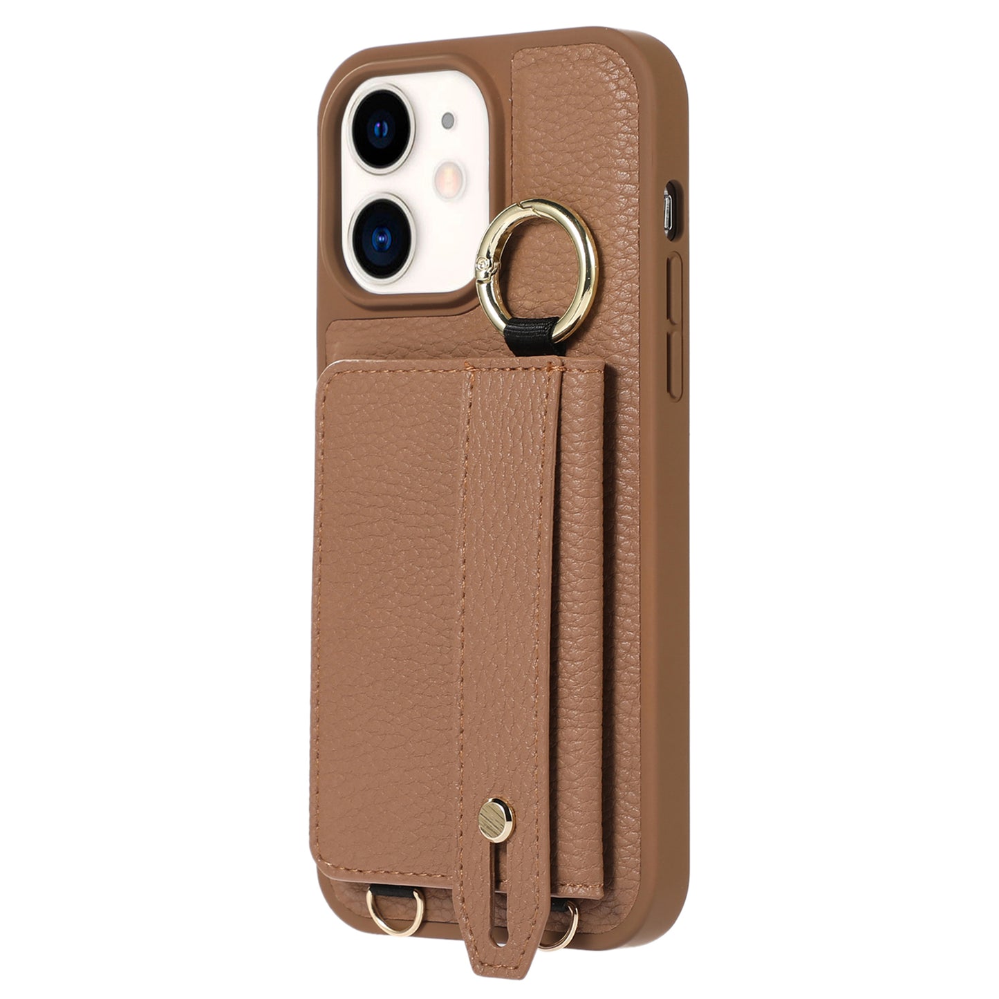 Fall-proof Cover for iPhone 11 6.1 inch Card Holder Hand Strap Leather+TPU Phone Kickstand Case with Shoulder Strap