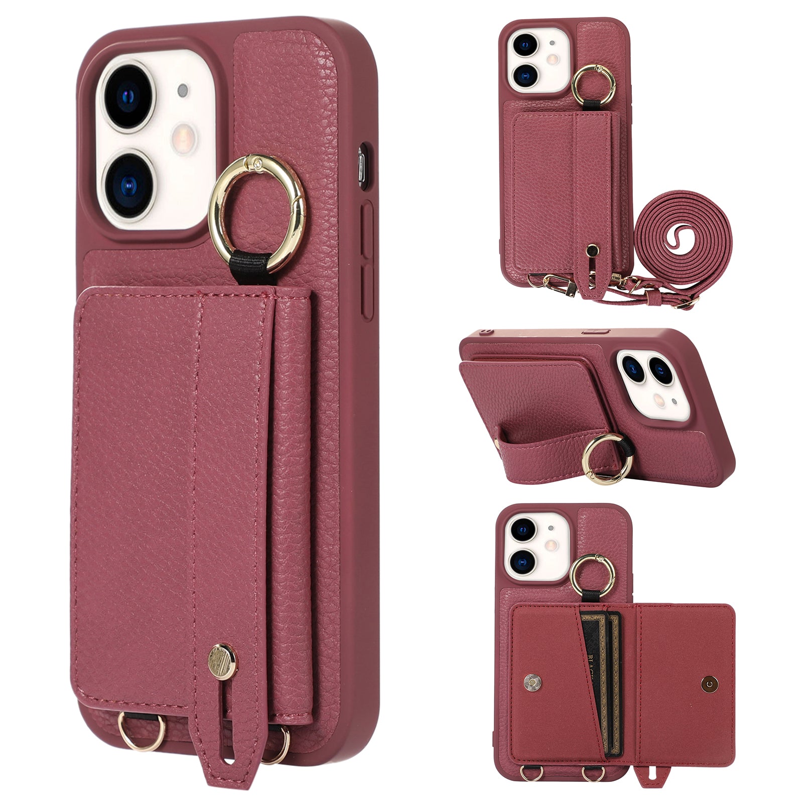 Fall-proof Cover for iPhone 11 6.1 inch Card Holder Hand Strap Leather+TPU Phone Kickstand Case with Shoulder Strap