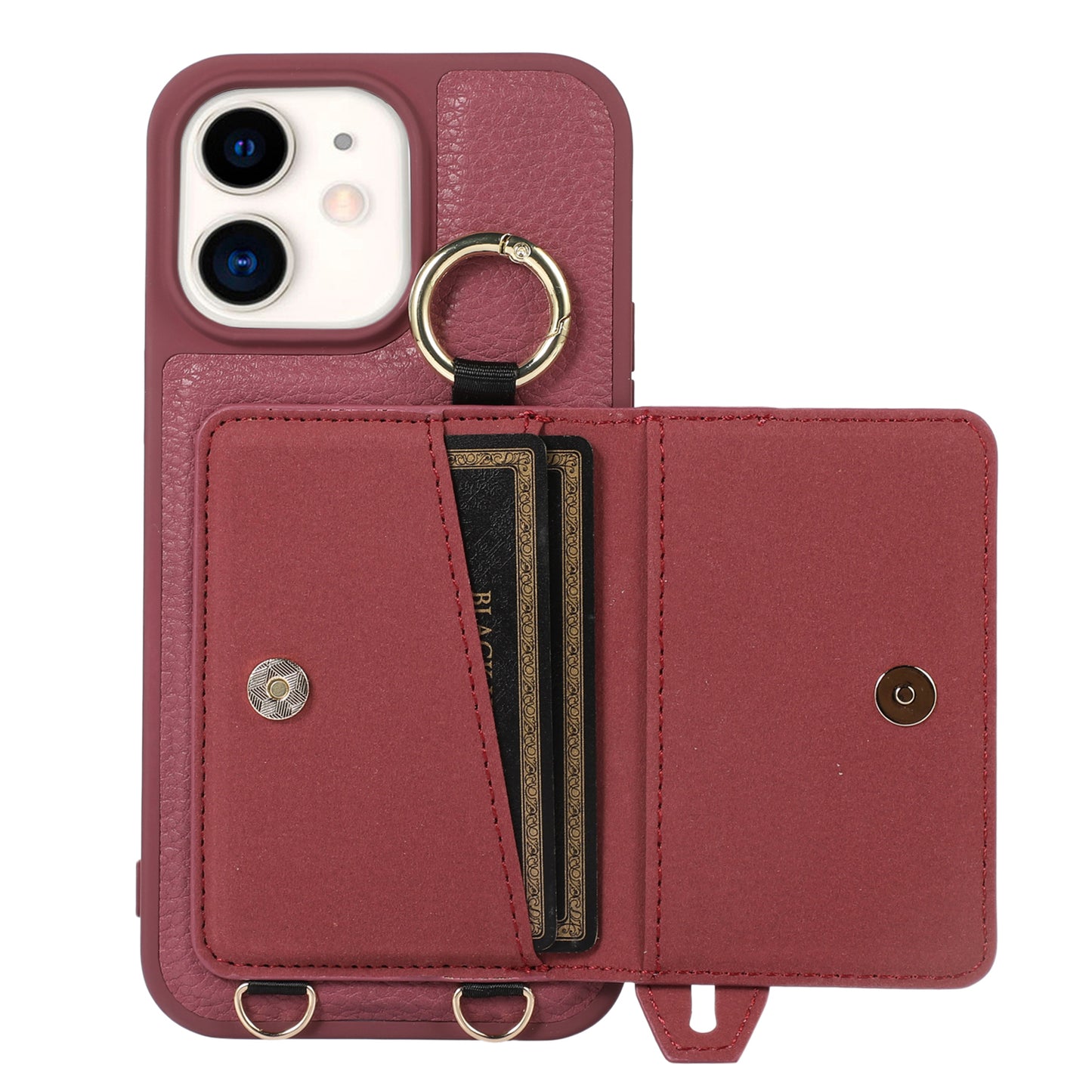 Fall-proof Cover for iPhone 11 6.1 inch Card Holder Hand Strap Leather+TPU Phone Kickstand Case with Shoulder Strap