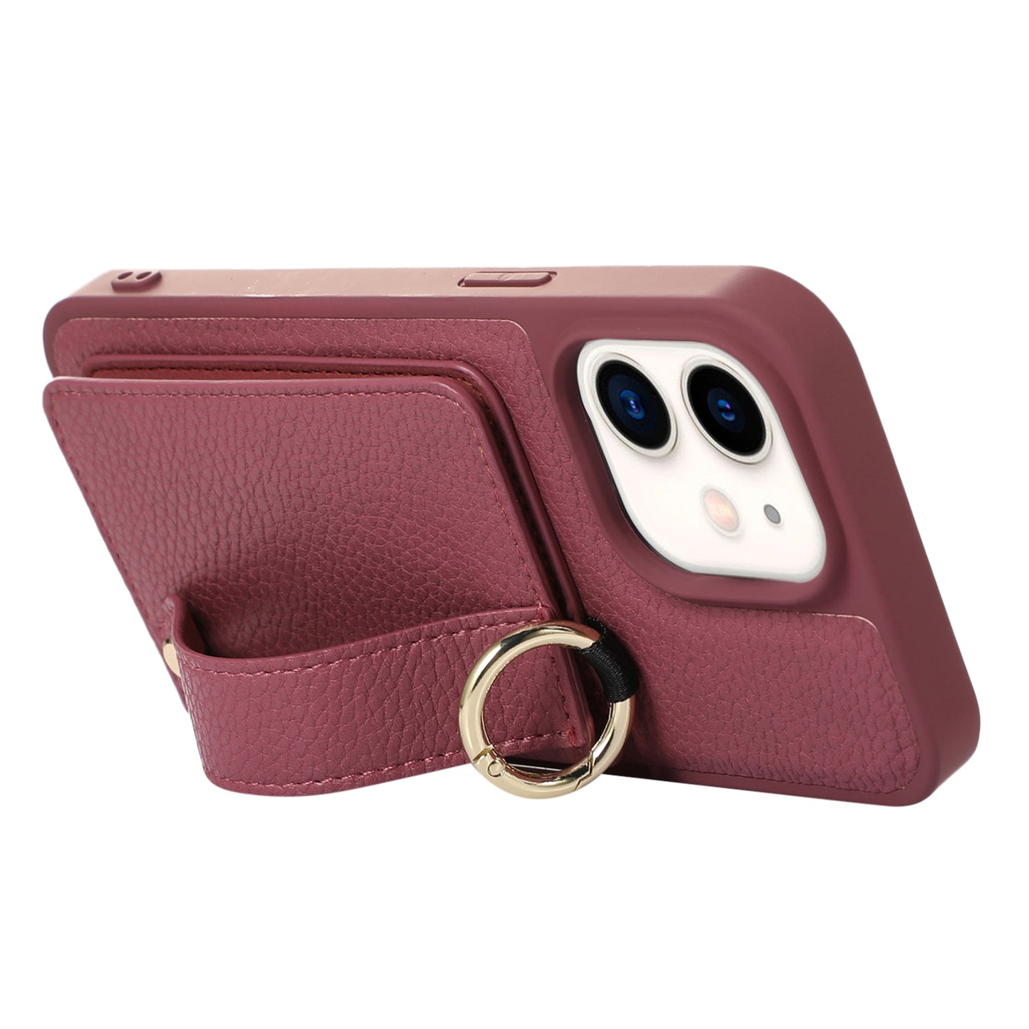 Fall-proof Cover for iPhone 11 6.1 inch Card Holder Hand Strap Leather+TPU Phone Kickstand Case with Shoulder Strap
