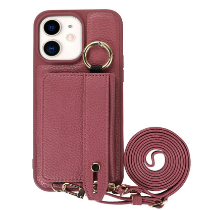 Fall-proof Cover for iPhone 11 6.1 inch Card Holder Hand Strap Leather+TPU Phone Kickstand Case with Shoulder Strap