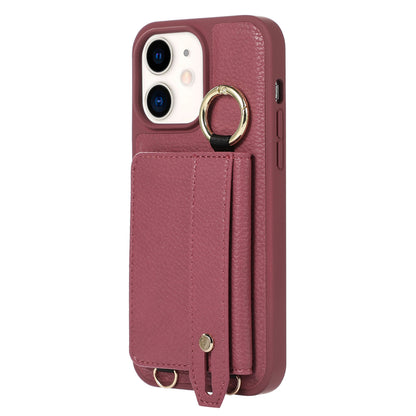 Fall-proof Cover for iPhone 11 6.1 inch Card Holder Hand Strap Leather+TPU Phone Kickstand Case with Shoulder Strap